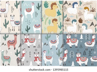 Seamless pattern set with llama and cactus. vector illustration for fabric, textile,wallpaper.