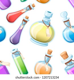 Seamless pattern. Set of magic potions. Bottles with colorful liquid. Game icon of magic elixir. Purple potion flat icon. Mana, health, poison or magic elixir. Vector illustration on white background.