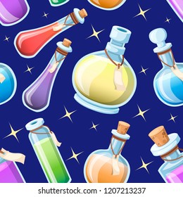 Seamless pattern. Set of magic potions. Bottles with colorful liquid. Game icon of magic elixir. Purple potion flat icon. Mana, health, poison or magic elixir. Vector illustration on sky background.