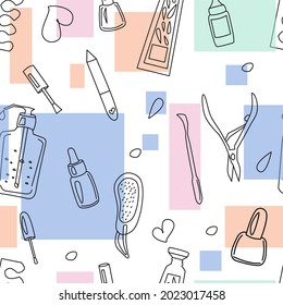 Seamless pattern set of manicure tools, nail file, varnishes, tweezers on the background of colored geometric shapes of different sizes. For packaging, textiles, fabrics, websites. Vector eps10