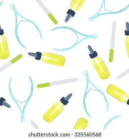 Seamless pattern with set of manicure tools - nippers, a nail file and cuticle essential oil. Concept of healthy nails and cuticle. Isolated vector illustration on white background.  