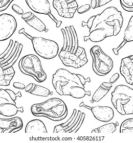 Seamless Pattern Set Of Meat With Doodle Or Hand Drawing Style