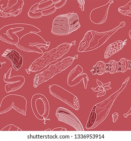 Seamless pattern. A set of meat and meat products of different breeds of livestock and birds. Doodle. Vector