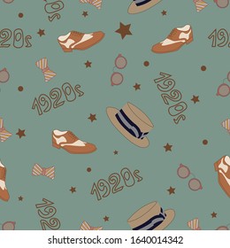 Seamless pattern set  men's clothes and accessories 1920s   hat, butterfly, glasses, shoes.  Vector  men's suit  on green background 