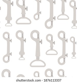 Seamless pattern set of metal climbing carabiners and claw clasps alpine climbing equipment flat vector illustration on white background