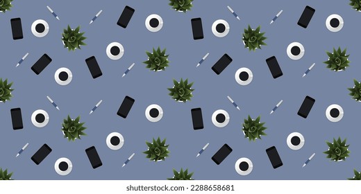 Seamless Pattern - Set of Mobile Phone, Ornamental Plant, Digital Pen and Coffee Cup Objects on a Table - Above View, Modern Home Office Workplace Concept - Creative Office Workspace, Vector Design