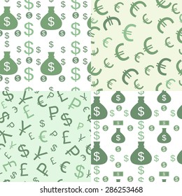 Seamless pattern set with money coins, money bags and dollar signs on them. 