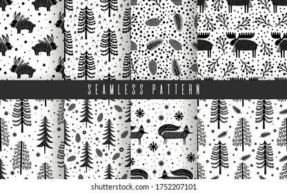 Seamless pattern set nature forest wildlife Canada.Season winter park.Vector illustration.