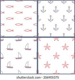 Seamless pattern set with nautical elements: anchor, fish, starfish, sailboat. Vector illustration.