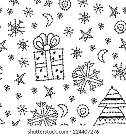 seamless pattern set new year symbol on white background. black contour sketch. vector