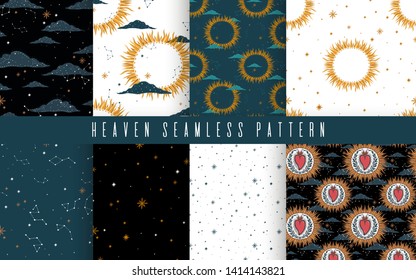 Seamless pattern set with a night sky of cloud stars and constellations and sun. Beautiful elegant magic abstract picture. For printing on textiles, wallpaper and other decor.Vector illustration.
