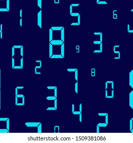 Seamless pattern from a set of numbers 0-9. Bright light blue numbers in the style of a button calculator of different sizes on a dark blue background. Vector