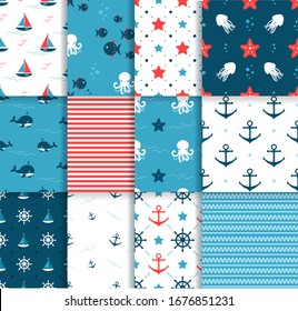 Seamless Pattern Set . Octopus, Fich and Starfishes. Marine background. Perfect for greetings, invitations, wrapping paper, textile, wedding and web design.