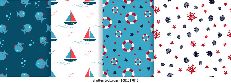 Seamless Pattern Set . Octopus, Fich and Starfishes. Marine background. Perfect for greetings, invitations, wrapping paper, textile, wedding and web design.