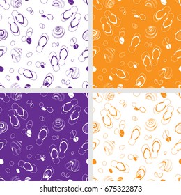 Seamless pattern set with outline flip flop summer shoes, pebbles  and sea shells in orange and violet color. Top view.