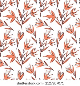 Seamless pattern set with outline florals. Retro style print design collection with hand drawn flowers, vector illustration