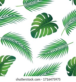 Seamless pattern, set of palm leaf and exotic plants. Vector graphics of green jungle and tropics. Symbolizes travel in good weather in the summer.