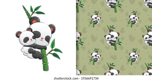 The seamless pattern set of the panda carry the baby and holding the bamboo of illustration