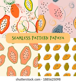 Patrón sin inconfundibles con fruta de papaya y elementos abstractos, cepillo dibujado a mano sobre fondo rosa y amarillo claro. Ilustración de dibujos animados.
