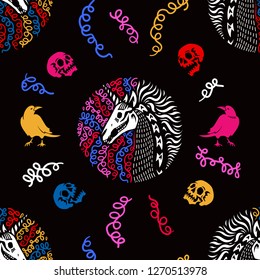 Seamless pattern. Set of party unicorn skeletons. Great for greeting cards, halloween party invitations, t-shirt printing and more. Halloween illustration. Happy Halloween!