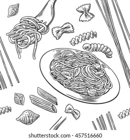 Seamless pattern set pasta. Farfalle, conchiglie, penne, fusilli and spaghetti on fork. Vector vintage engraving illustration for poster, menu, web, banner, info graphic. Isolated on white background