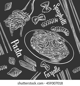 Seamless pattern set pasta with title. Vector vintage engraving illustration for poster, menu, web, banner, info graphic. Isolated on black background