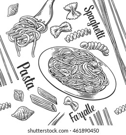 Seamless pattern set pasta with title. Vector gray vintage engraving illustration for poster, menu, web, banner, info graphic. Isolated on white background