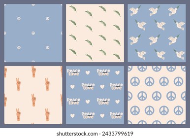 Seamless pattern set with Peace and love symbols, dove, olive. International Day of Peace. Freedom, No war concept. Pacifism and Hippie sign. Vector illustration in flat hand drawn style 