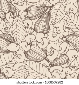 seamless pattern of a set of peeled cashew nuts, leaves & fruits, for ornaments, menu decorations, color vector illustration with sepia contour lines on a milky background in a hand drawn style