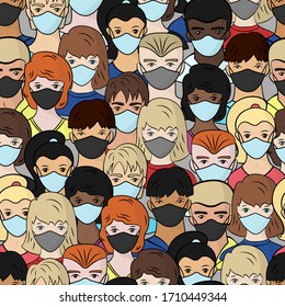Seamless pattern with a set of people in medical masks, young men and women. Stop coronavirus. Vector illustration.