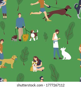 Seamless pattern of set of people walking with dogs different breeds. Man, woman and children with pet play in park. Collection cartoon character with pets outdoor. Vector illustration in flat style