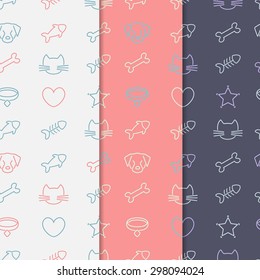 Seamless pattern set with pets line icons. Vector backgrounds