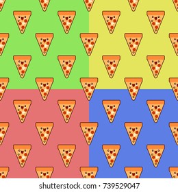 Seamless pattern set with pizza patches, cute fast food kawaii characters on colors backgrounds. Flat design Vector Illustration eps