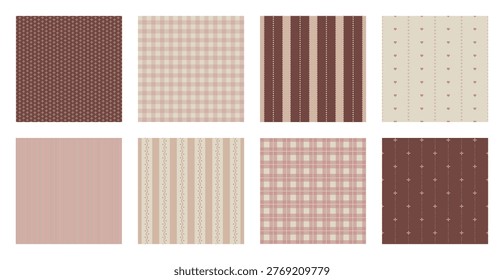 Seamless pattern set plaid stripe heart ornament vintage pastel brown beige textile backgrounds collection fabric wallpaper wrapping paper decorative classic design bundle textures