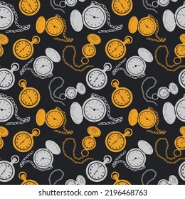  Seamless pattern with set of pocket watches in silver and gold. Vector in cartoon style. 