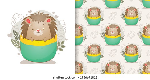 The seamless pattern set of the porcupine come out from the little tea cup of illustration