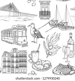 Seamless pattern with set of Porto and Lisbon landmarks. Vector illustration. Black and white sketches