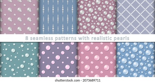 Seamless pattern set, realistic pearl beads on color background. 3D vector balls or spheres with shadow and natural highlights. Circle shapes of geometric and random design, fabric and wrapping print.