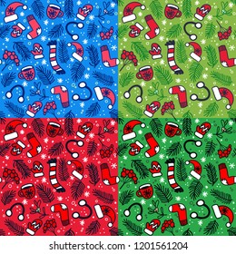 Seamless pattern set with red mittens, socks, hats and evergreen branches on bright colorful backgrounds. Vector pattern for Christmas, New Year's Day, Winter Holidays. 