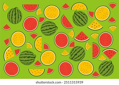 seamless pattern with set of red and yellow watermelon, whole and various slices. colorful background.
