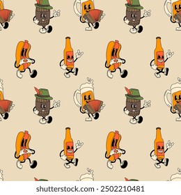 Seamless pattern with Set of retro Beer, Hot Dog mascot character. 40s, 50s, 60s old animation style. Oktoberfest mascot