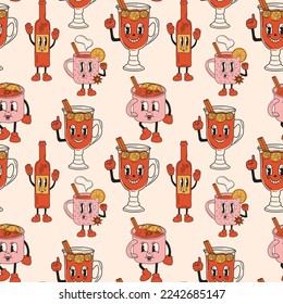 Seamless pattern with Set of Retro Mulled wine. 30s cartoon mascot character -. 40s, 50s, 60s old animation style.Mulled wine with cinnamon.Vector in cartoon style.