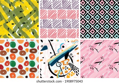 Seamless pattern set with rough brush strokes. Bright artistic paint texture. Marker and ink blobs background. Kids drawing childish style art. Abstract universal wallpaper or packaging design.