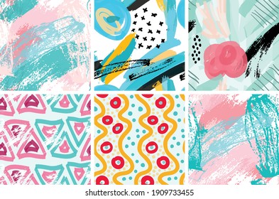 Seamless pattern set with rough brush strokes. Bright artistic paint texture. Marker and ink blobs background. Kids drawing childish style art. Abstract universal wallpaper or packaging design.