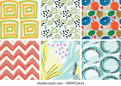 Seamless pattern set with rough brush strokes. Bright artistic paint texture. Marker and ink blobs background. Kids drawing childish style art. Abstract universal wallpaper or packaging design.