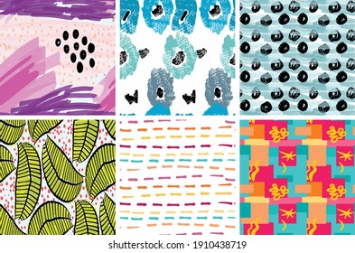 Seamless pattern set with rough brush strokes. Bright artistic paint texture. Marker and ink blobs background. Kids drawing childish style art. Abstract universal wallpaper or packaging design.