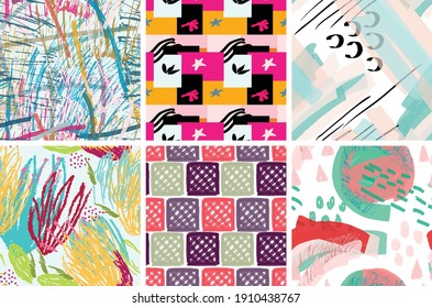 Seamless pattern set with rough brush strokes. Bright artistic paint texture. Marker and ink blobs background. Kids drawing childish style art. Abstract universal wallpaper or packaging design.