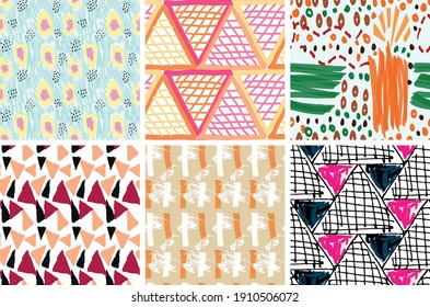 Seamless pattern set with rough brush strokes. Bright artistic paint texture. Marker and ink blobs background. Kids drawing childish style art. Abstract universal wallpaper or packaging design.
