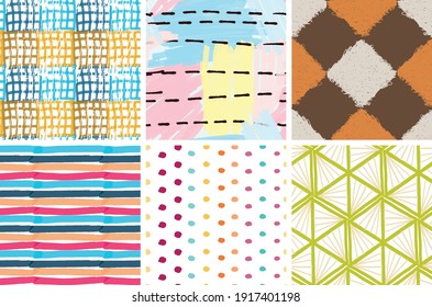 Seamless pattern set with rough brush strokes. Bright artistic paint texture. Marker and ink blobs background. Kids drawing childish style art. Abstract universal wallpaper or packaging design.