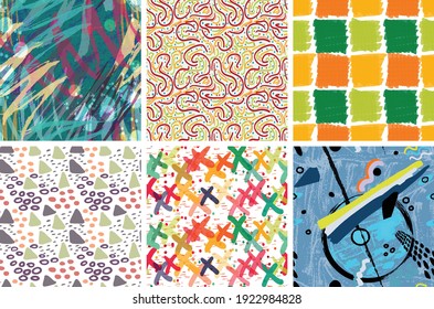 Seamless pattern set with rough brush strokes. Bright artistic paint texture. Marker and ink blobs background. Kids drawing childish style art. Abstract universal wallpaper or packaging design.